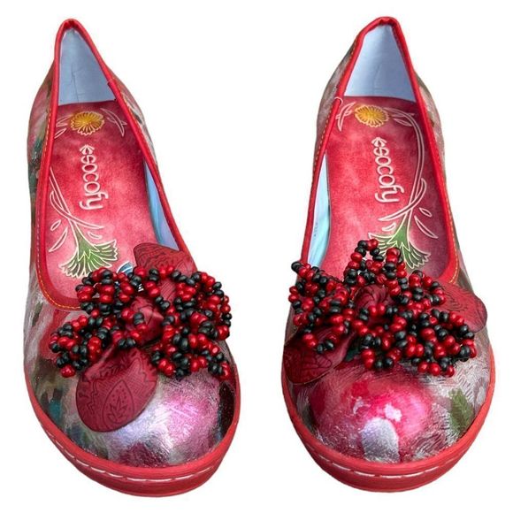 SOCOFY Red Floral Beaded Pumps with Louis Heel Rubber Sole, Size EU 39, US 8M - Picture 3 of 9